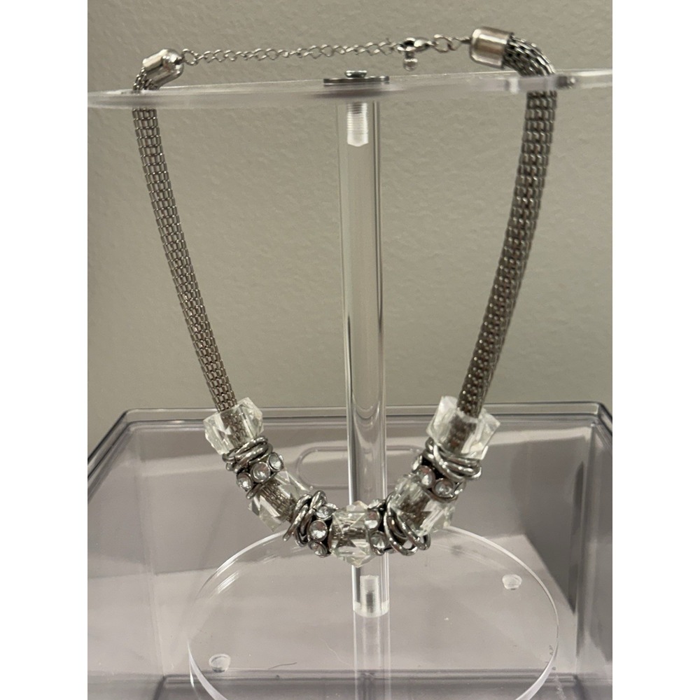 Silver Tone Mesh Necklace Clear Crystal Beaded Statement Necklace Adjustable